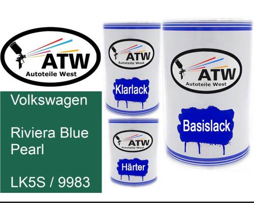 Volkswagen, Riviera Blue Pearl, LK5S / 9983: 500ml Lackdose + 500ml Klarlack + 250ml Härter - Set, von ATW Autoteile West.